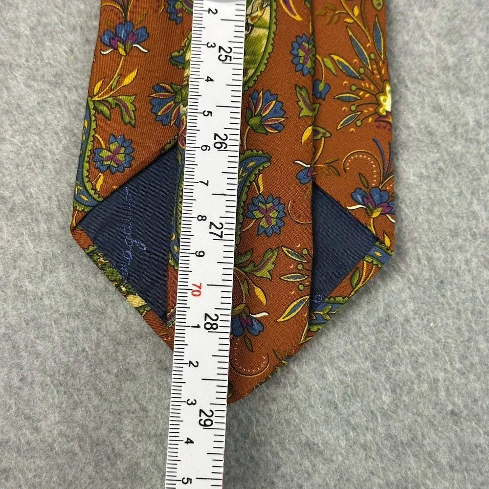 Vintage Ferragamo Silk Tie Brown Paisley Scenic Novelty Italy Wide 58x3.75